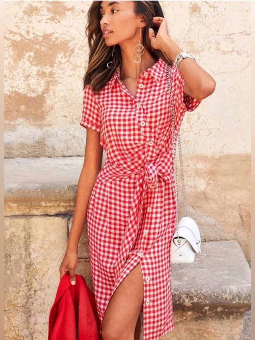 Madeleine Red and White Gingham Button-Front Tie-Waist Midi Dress